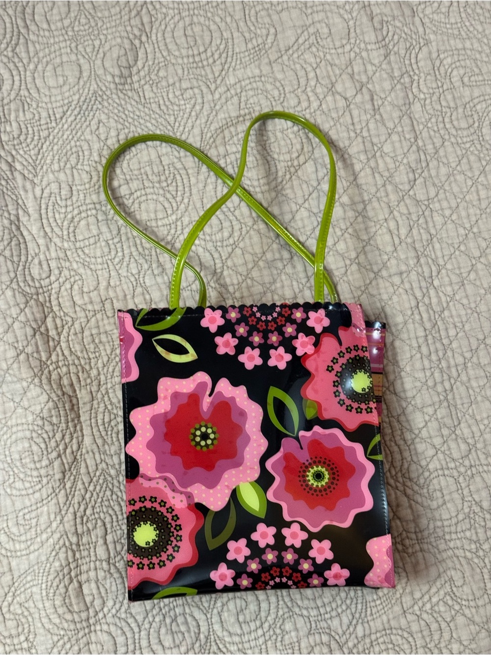 Liz Claiborne Black Floral Glossy Tote with Pink and Lime Accents